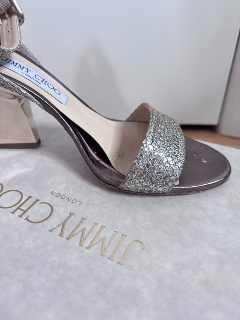 Jimmy Choo Edina 85 mm champagne Metallic Gold Glitter Ankle-Strap Block Heels - Picture 7 of 12